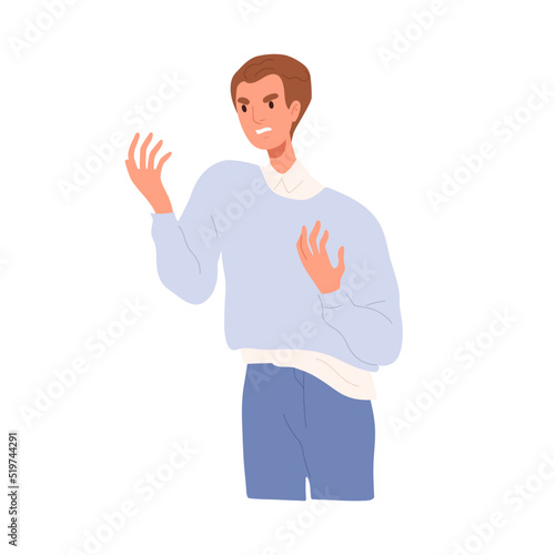 Angry irritated man gesturing in anger, annoyance, rage. Annoyed frowning indignant person. Furious dissatisfied outraged emotion of grumpy guy. Flat vector illustration isolated on white background