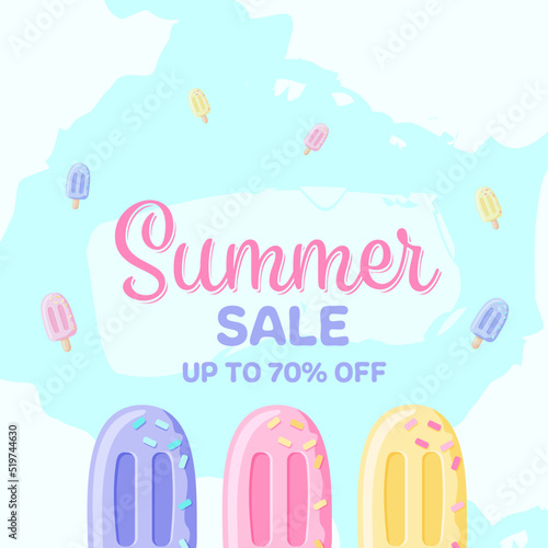 Summer sale banner with colorful ice cream and white watercolor splashes on blue background