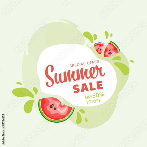 Summer sale banner with watermelons and green splashes on green background