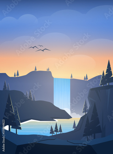 flat beautiful nature waterfall at sunset illustration