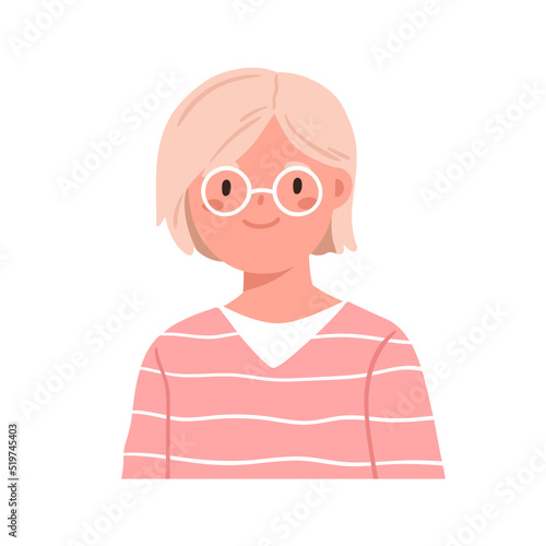 Smart school girl in glasses. Smiling child in eyeglasses, head portrait. Little kid face avatar. Clever schoolgirl in eyewear, spectacles. Flat vector illustration isolated on white background