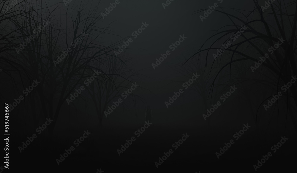 black wood and ghost girl in a horror dark night forest background. the macabre scene background. 3d illustration - obrazy, fototapety, plakaty 