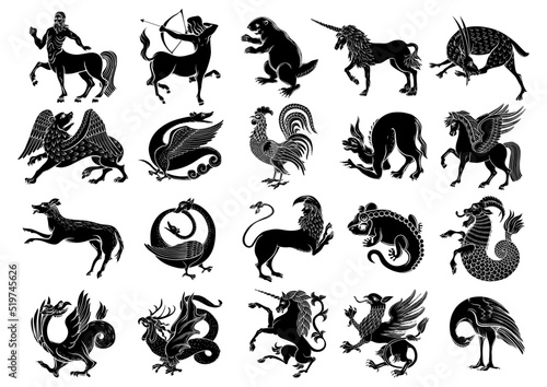 Heraldic mythical animals and creatures. Traditional character styles for coats of arms and shields. Clip art, set of elements for design Vector illustration. photo