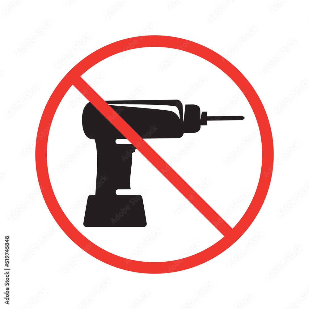 A black screwdriver sign in the red circle of prohibition. Drilling ban, forbidding symbol. Vector illustration isolated on a white background for design and web.