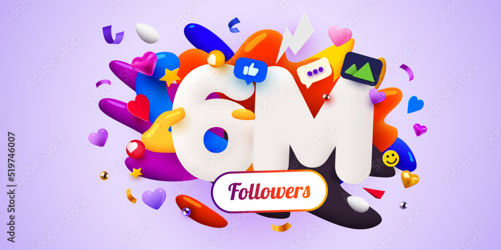 Obraz premium 6m or 6000000 followers thank you. Social Network friends, followers, Web user Thank you celebrate of subscribers or followers.