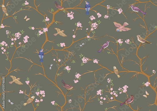 Cherry blossom branches against the sky with sparrow, finches. Seamless pattern, background. Vector illustration. Chinoiserie, traditional oriental botanical motif. In botanical style