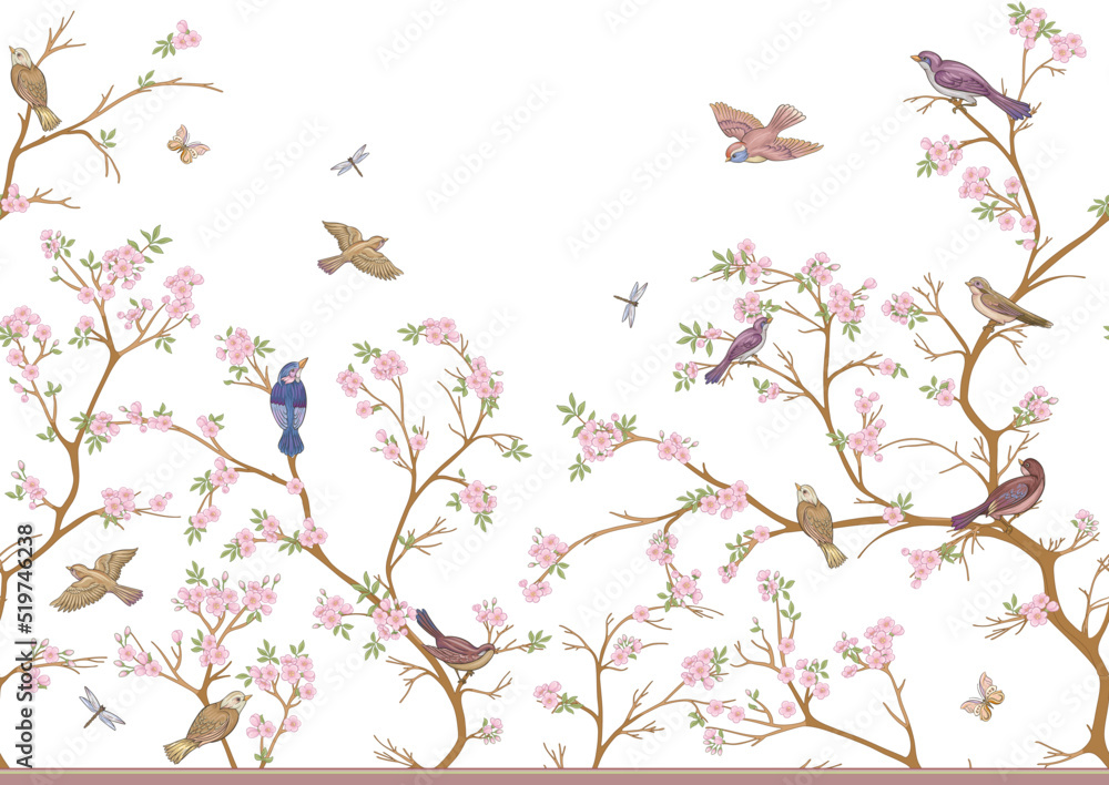 custom made wallpaper toronto digitalCherry blossom branches against the sky with sparrow, finches. Seamless pattern, background. Vector illustration. Chinoiserie, traditional oriental botanical motif. In botanical style