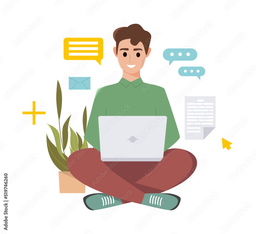 Young Man with a Laptop Working, Freelance worker at online remote work. Male character. Vector illustration. Young Man with a Laptop Working, Freelance worker at online remote work. Male character. Vector illustration.