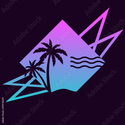 Retro vector illustration in the style of the 80s for a T-shirt with palm trees in neon bright colors on a dark background