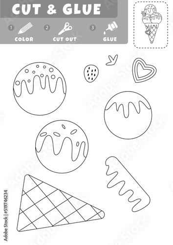 Education paper game for children, cut color and glue, ice cream. Use scissors and glue to create the image.
