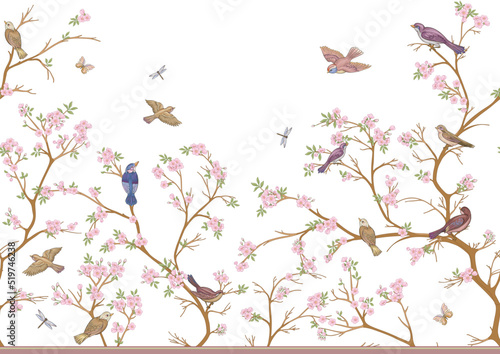 Cherry blossom branches against the sky with sparrow, finches. Seamless pattern, background. Vector illustration. Chinoiserie, traditional oriental botanical motif. In botanical style