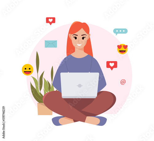 Young Woman with a Laptop, Social Media Icons. Concept Vector Illustration in Flat style.