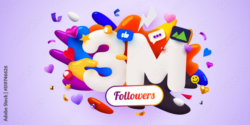 3m or 3000000 followers thank you. Social Network friends, followers, Web user Thank you celebrate of subscribers or followers.