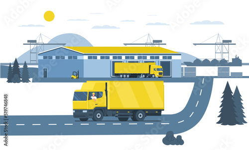 Boxtruck with driver and pre-port warehouse. Vector illustration. photo