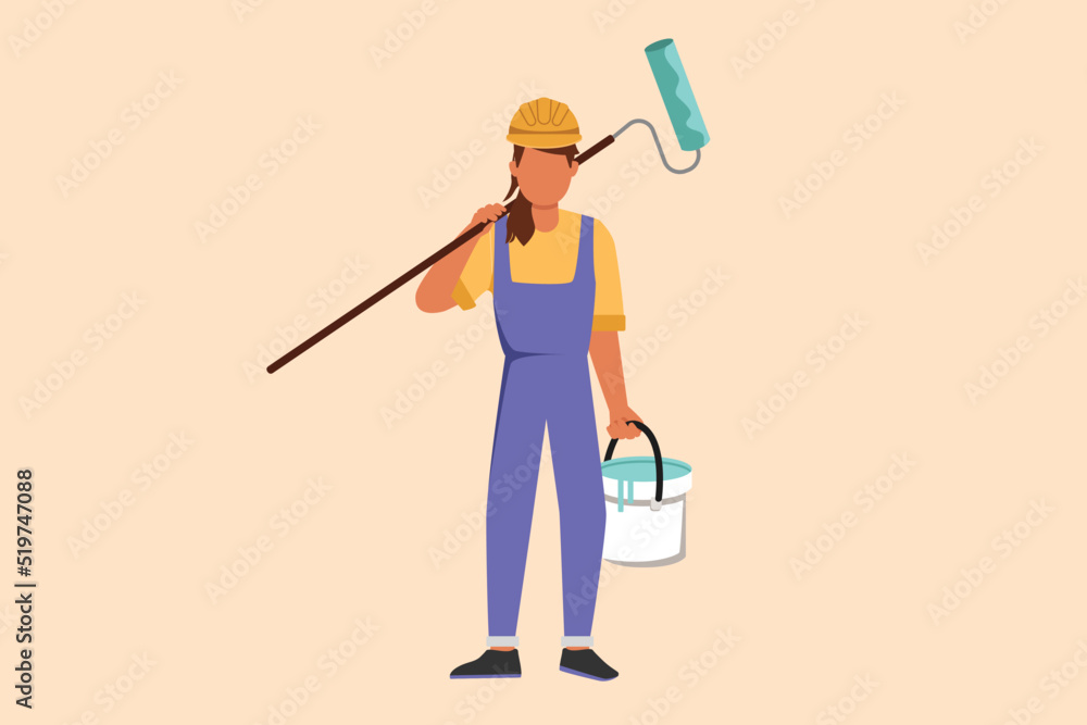 Fototapeta premium Business flat drawing cute handywoman or painter standing with bucket and paint roller. Professional repairwoman in overalls working on apartment or home renovation. Cartoon design vector illustration
