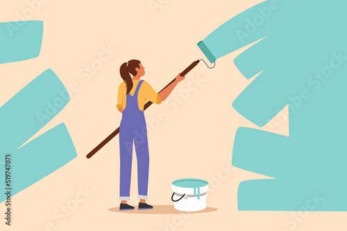 Business flat drawing painter decorator repairwoman at work. Female repair worker holding paintbrush roller, painting house apartment wall, home renovation service. Cartoon design vector illustration