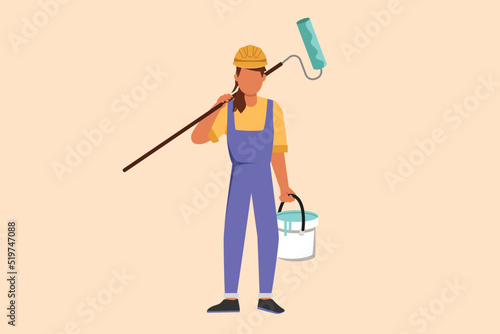 Business flat drawing cute handywoman or painter standing with bucket and paint roller. Professional repairwoman in overalls working on apartment or home renovation. Cartoon design vector illustration