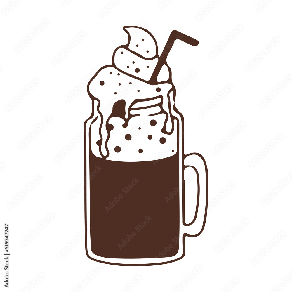 Coffee glass jar with heart decoration beverage with cream in doodle style isolated on white background. Funny icon, design element.