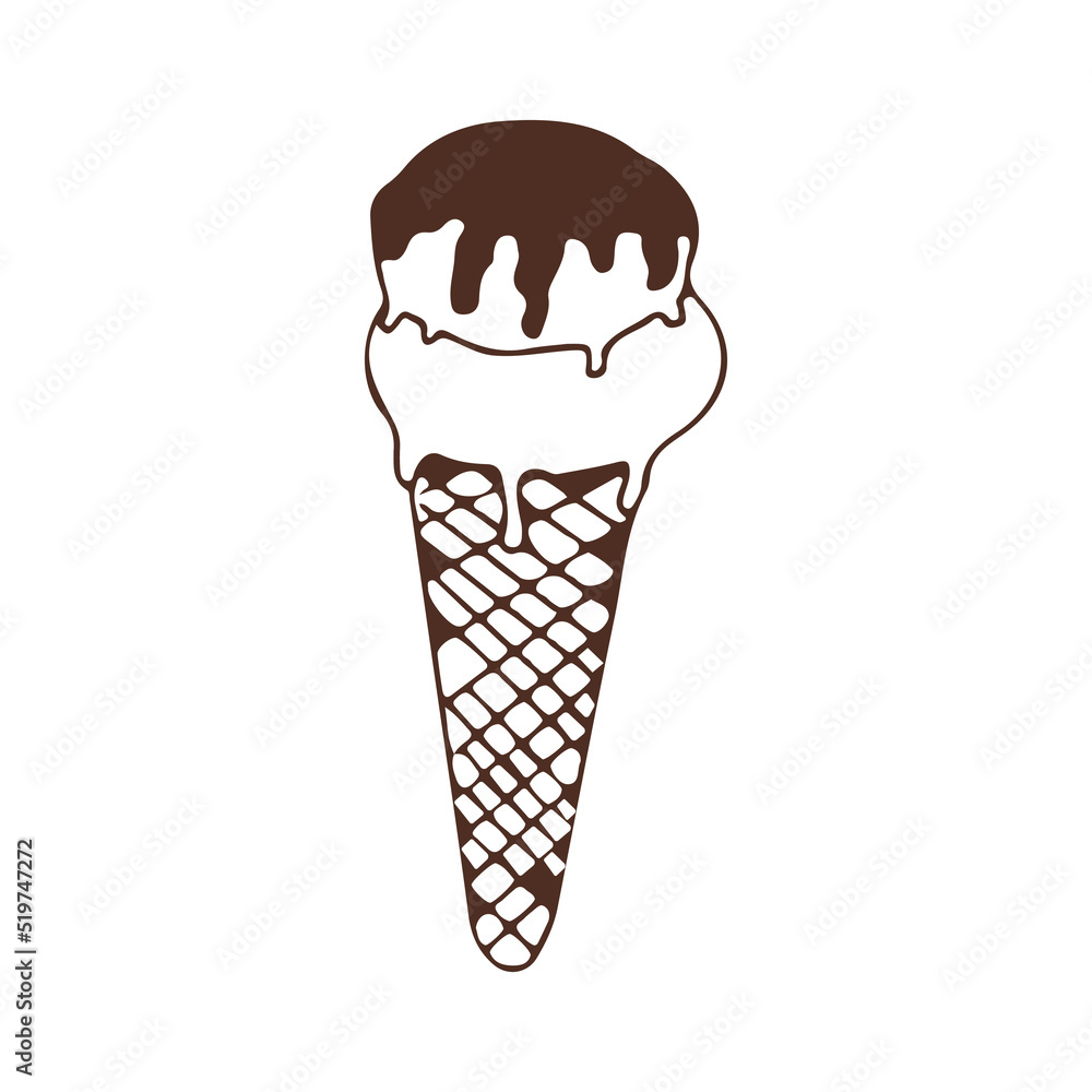 Ice cream with waffle cone decorated with chocolate in doodle style isolated on white background. Ice cream with waffle cone decorated with chocolate in doodle style isolated on white background.