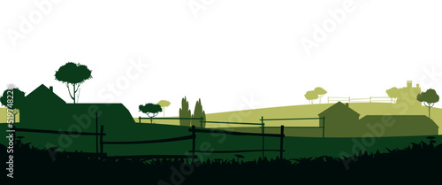 Rural farm. With fields, pastures and buildings. Picture silhouette. Breeding domestic farm animals and plants. Isolated on white background. Vector