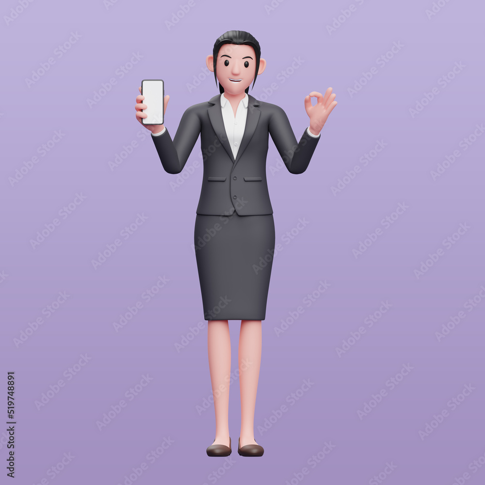Business woman in formal suit holding smartphone and showing ok finger, 3d illustration of a business woman in a suit black skirt holding phone Business woman in formal suit holding smartphone and showing ok finger, 3d illustration of a business woman in a suit black skirt holding phone
