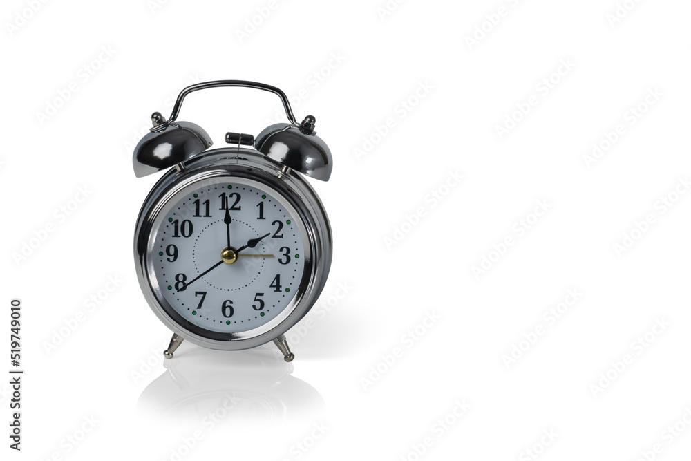 Silver retro alarm clock isolated on white background. copy space. Silver retro alarm clock isolated on white background. copy space.