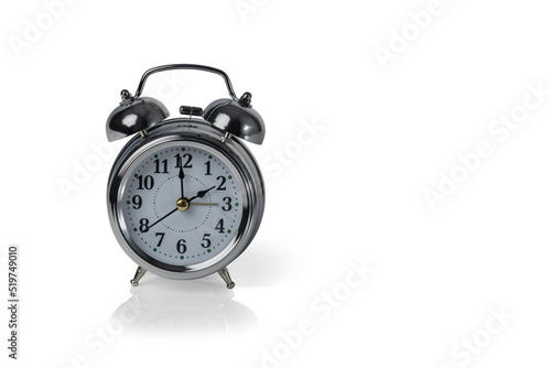 Silver retro alarm clock isolated on white background. copy space.