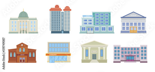 Municipal buildings. urban architectural objects banks school hospital police department. Vector flat pictures of colored buildings isolated