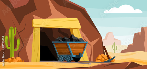mine. outdoor background landscape with minecarts with treasures minerals containers. Vector cartoon template