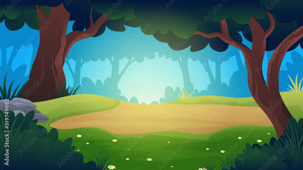 Camping area campsite in the middle of the forest cartoon vector illustration - obrazy, fototapety, plakaty 