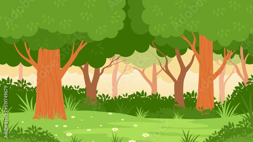 Cute Cartoon forest jungle with trees and grass flat style vector illustration