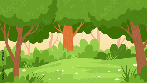 Beautiful cartoon forest with trees and grass flat style vector illustration