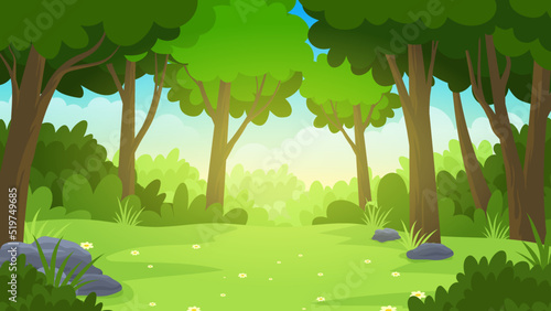 Meadow in the middle of the forest cartoon vector illustration