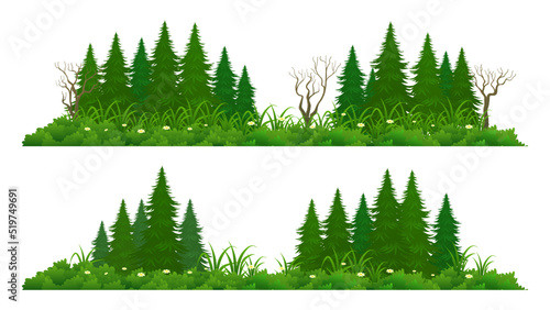 Coniferous or Fir Tree collection with grass and flower individual element design
