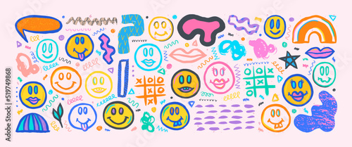 Hand drawn grunge doodles set. Big collection of abstract modern elements and shapes. Emoji doodles. Grunge emoticons.