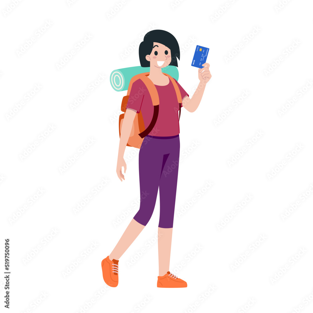 Young happy woman tourist flat cartoon character. Traveling people on summer vacation trip, Isolated on white background. Young happy woman tourist flat cartoon character. Traveling people on summer vacation trip, Isolated on white background.