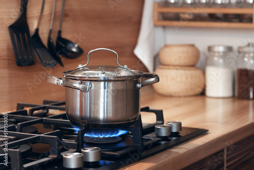 stainless pan on the hob, cooking on a gas stove, the cost of gas in Europe