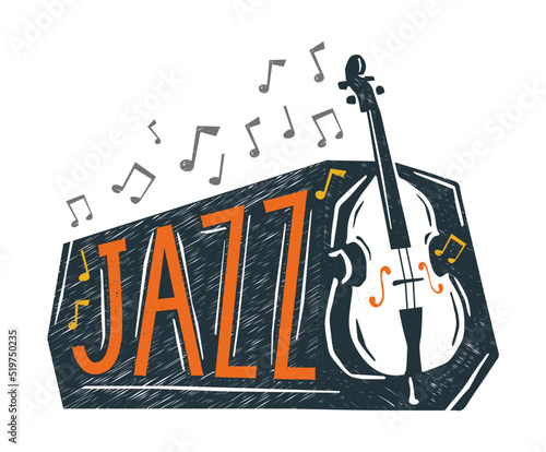 Creative vector illustration with double bass instrument and musical notes pictures and Jazz inscription against white background