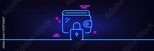 Neon light glow effect. Wallet line icon. Money purse with lock sign. Cash budget symbol. 3d line neon glow icon. Brick wall banner. Wallet outline. Vector