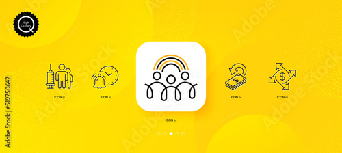 Cashback, Medical vaccination and Alarm clock minimal line icons. Yellow abstract background. Payment exchange, Inclusion icons. For web, application, printing. Vector