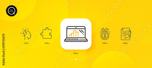 Puzzle, Agreement document and Brainstorming minimal line icons. Yellow abstract background. Graph laptop, Approved icons. For web, application, printing. Vector