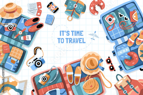 Travel backround with open suitcases and various travel themed objects. Place for text. Tourism day. Hand drawn flat vector 