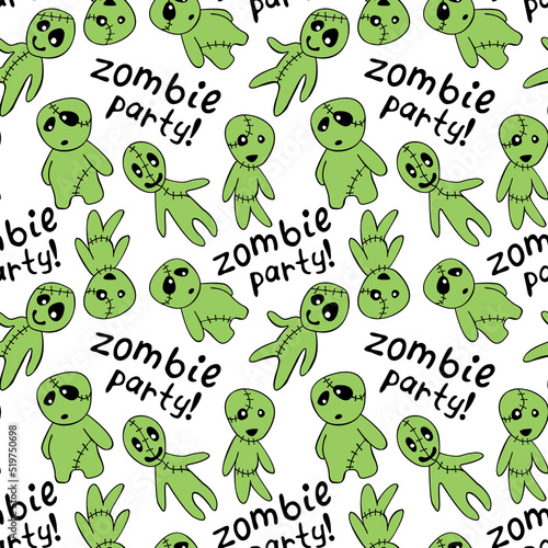 Vector seamless pattern with cute zombies in cartoon flat style. Zombie party - lettering. Halloween backgrounds and textures.