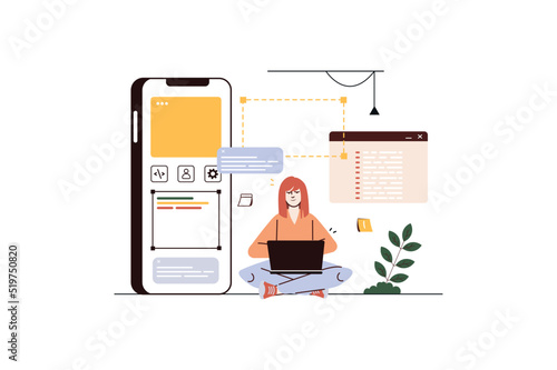 App development concept with people scene in flat cartoon style. Girl works on laptop to create a new convenient mobile application. Vector illustration.