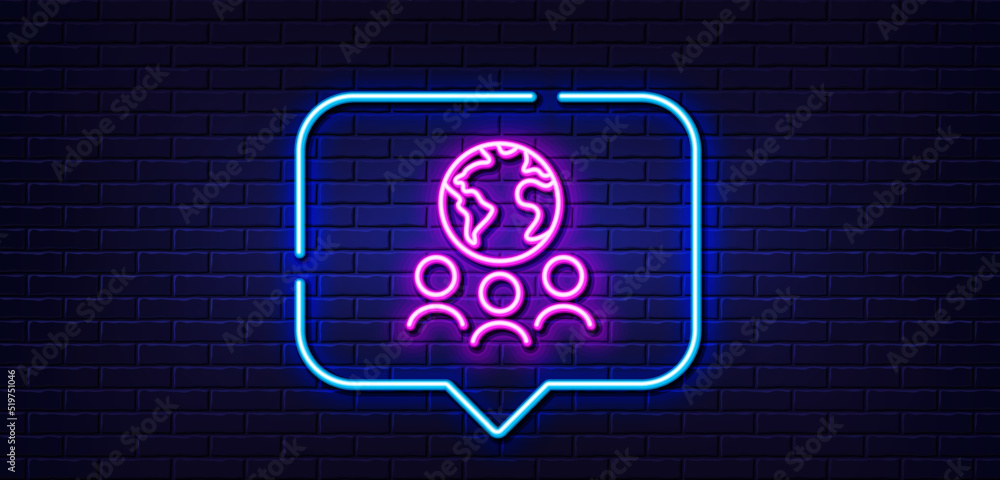 Naklejka premium Neon light speech bubble. Global business line icon. International outsourcing group sign. Internet marketing symbol. Neon light background. Global business glow line. Brick wall banner. Vector