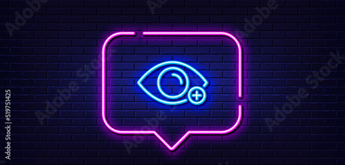 Neon light speech bubble. Farsightedness line icon. Eye diopter sign. Optometry vision symbol. Neon light background. Farsightedness glow line. Brick wall banner. Vector