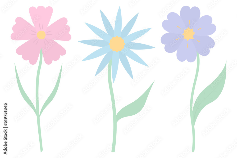 Fototapeta premium Flowers. Collection of vector illustrations. Flowering plants with green leaves and a yellow core. Flat style. Isolated background. Idea for web design, invitations
