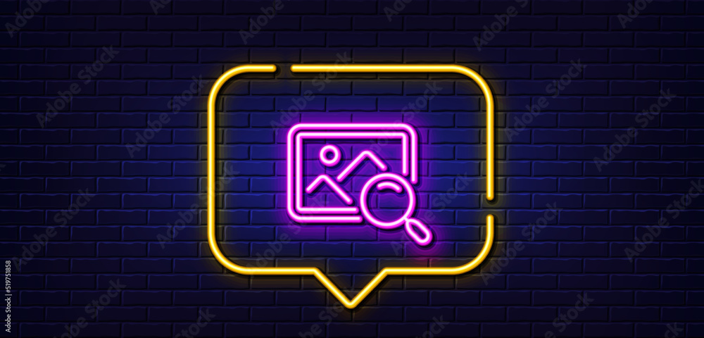Neon light speech bubble. Search photo line icon. Find image or picture sign. Neon light background. Search photo glow line. Brick wall banner. Vector Neon light speech bubble. Search photo line icon. Find image or picture sign. Neon light background. Search photo glow line. Brick wall banner. Vector