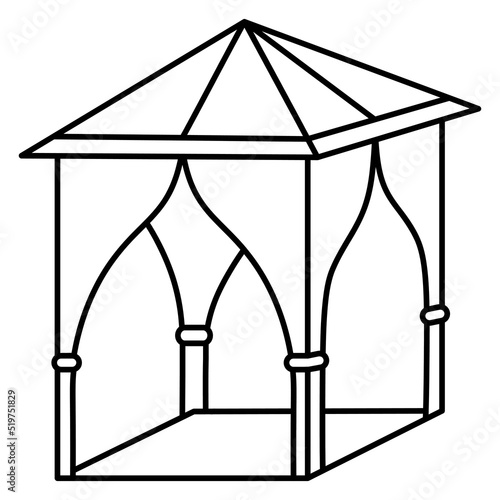 Gazebo for outdoor recreation. Sketch. Tent with roof and curtains. Vector illustration. Outline on isolated background. Coloring. Doodle style. Idea for web design.