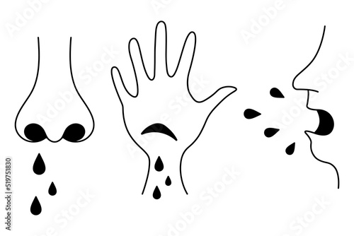Coughing and sneezing, a cut on the palm, a wound with drops of blood, a human nose front view, runny nose. Silhouettes of splashing drops. A set of vector illustrations. Doodle style. Medical symptom photo
